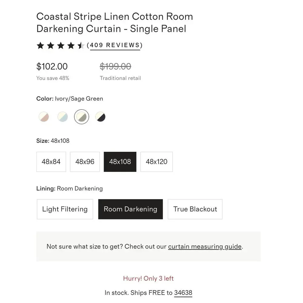 QUINCE Coastal Stripe Darkening Linen Curtain - Ivory/Sage 48x108